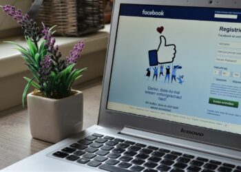 A Lenovo laptop displaying Facebook login beside a lavender plant indoors.